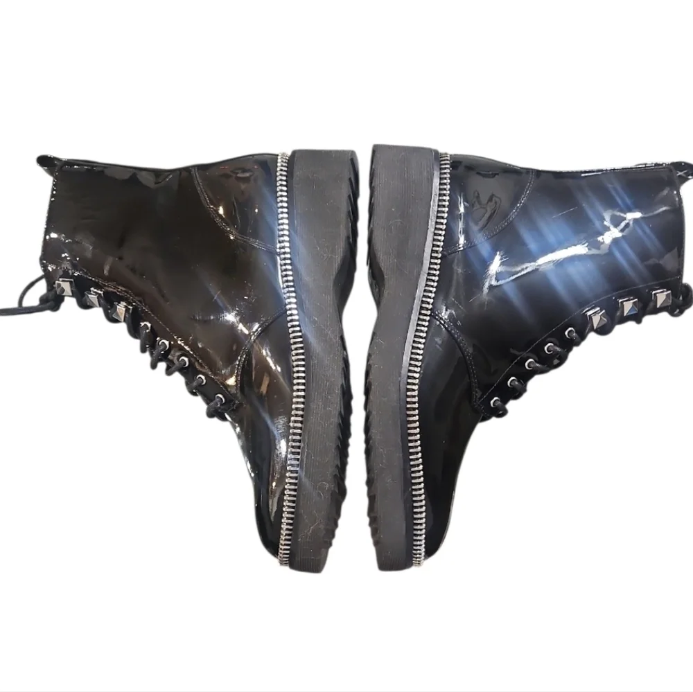NWT Michael Kors Haskell Black Patent Leather Combat Boots Zipper Trim 8.5